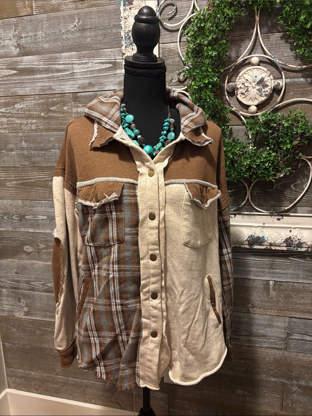 Buckle BKE (Size M) Patchwork Button-Up Jacket Shirt Jersey Knit Raw Edge